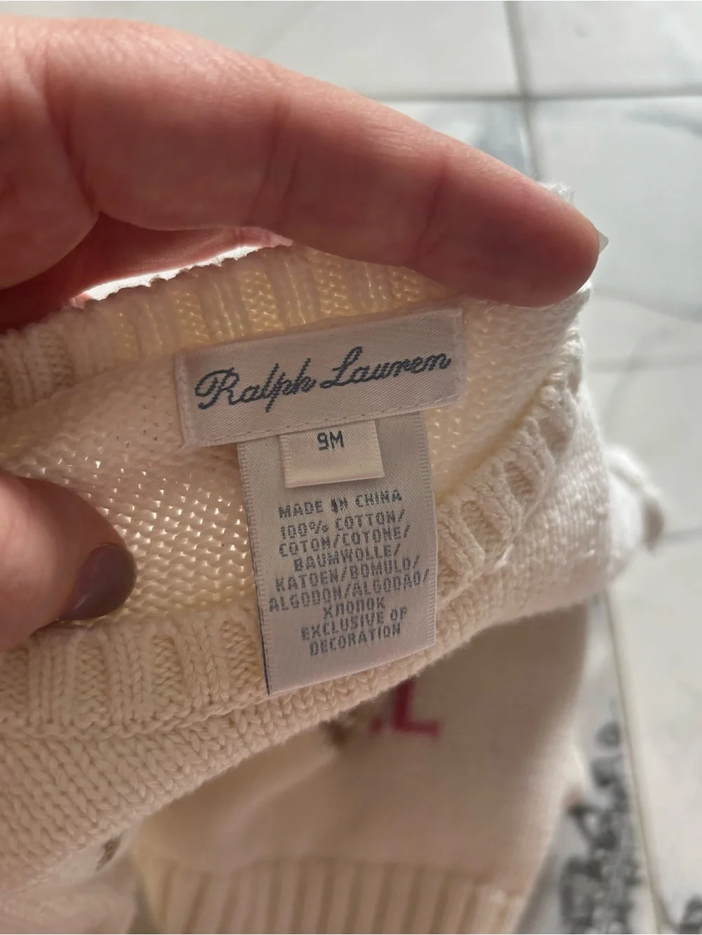 Ralph Lauren Cream Knit Baby Sweater with Puppy Detail